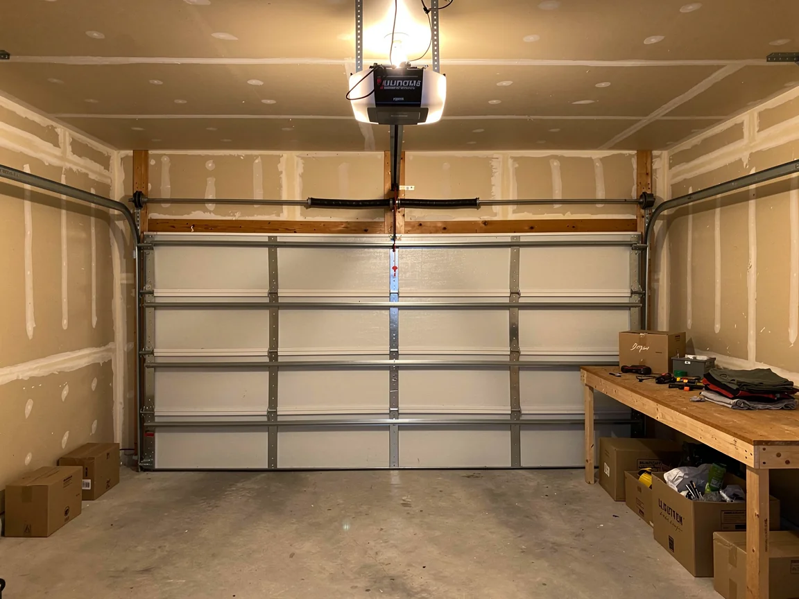 The garage door is closed, with an opener and torsion spring visible.